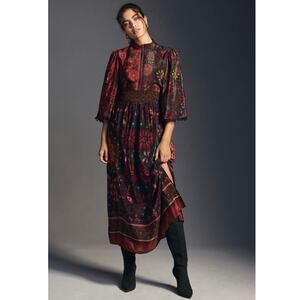 Farm Rio Anthropologie Mock Neck Boho Floral Long Maxi Dress